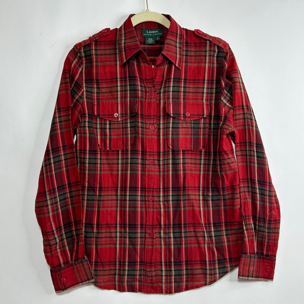 Ralph Lauren Womens Red Plaid Button Down Shirt Epaulets Cotton S lightweight